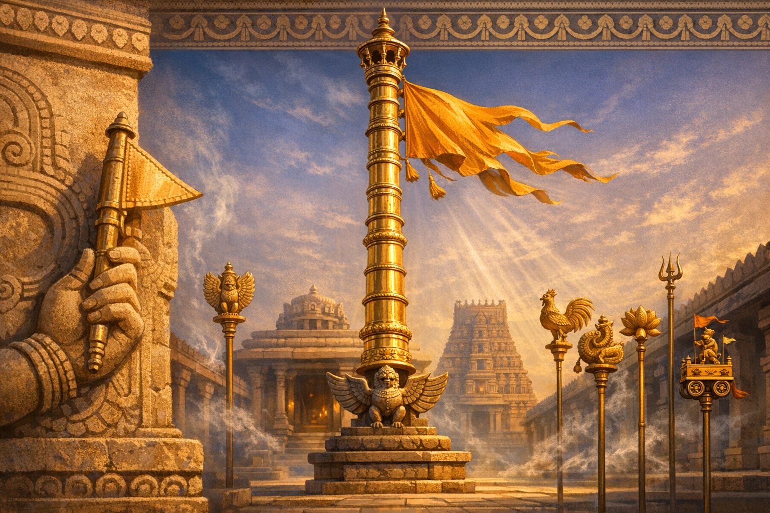 Golden dhvajastambha with flowing saffron flag in a South Indian temple courtyard, surrounded by stone mandapas, gopurams, and gilded vahana emblems, lit by warm sunrays and light mist.