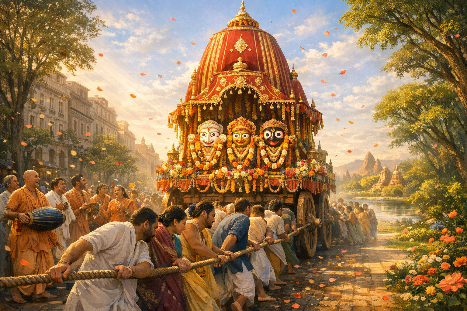 Vibrant Ratha Yatra chariot procession with garlanded deities Jagannath, Balabhadra, and Subhadra, devotees pulling ropes and singing as petals fall, temples and river in warm light.