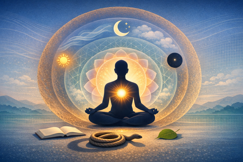 Digital artwork of a cross-legged figure meditating with a bright heart glow, encircled by mandala rings, sun, moon, and stars; an open book, coiled rope, and green leaf sit nearby against mountains.