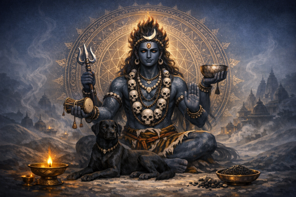 Detailed painting of the Hindu god Shiva seated in meditation, blue-skinned with trident, damaru, begging bowl, skull garlands and crescent moon, a black dog at his feet, temples and fire in hills.
