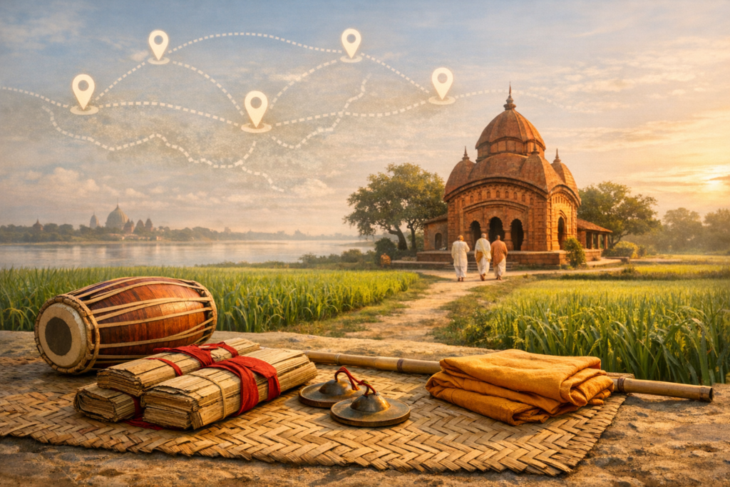 Riverside temple at golden hour with mridanga drum, palm‑leaf texts, kartal cymbals, and saffron robes on a mat; dotted map pins suggest a pilgrimage route in {post.categories}.