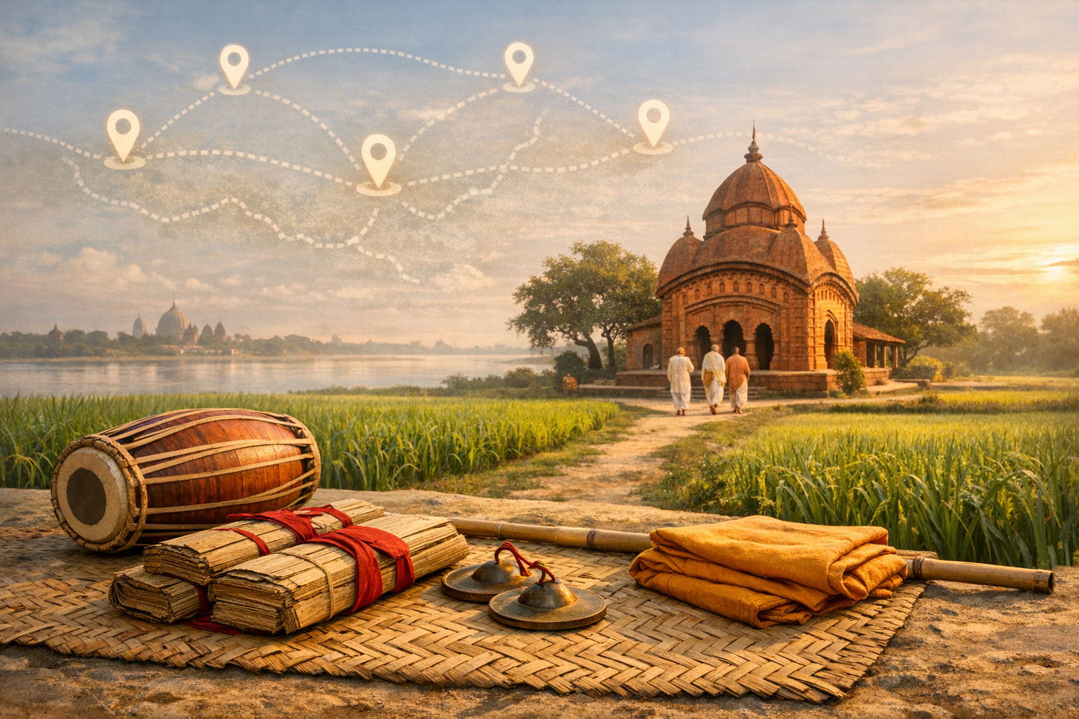 Riverside temple at golden hour with mridanga drum, palm‑leaf texts, kartal cymbals, and saffron robes on a mat; dotted map pins suggest a pilgrimage route in {post.categories}.