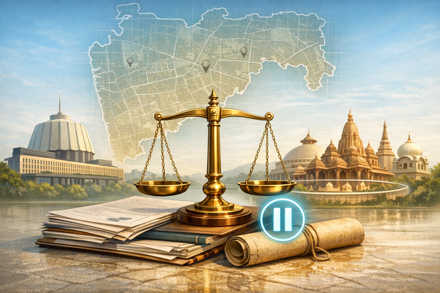Golden scales of justice atop case files and a scroll, with a glowing pause icon, a map overlay with pins, and a skyline of a government building and temple, signaling a legal hold on urban plans.