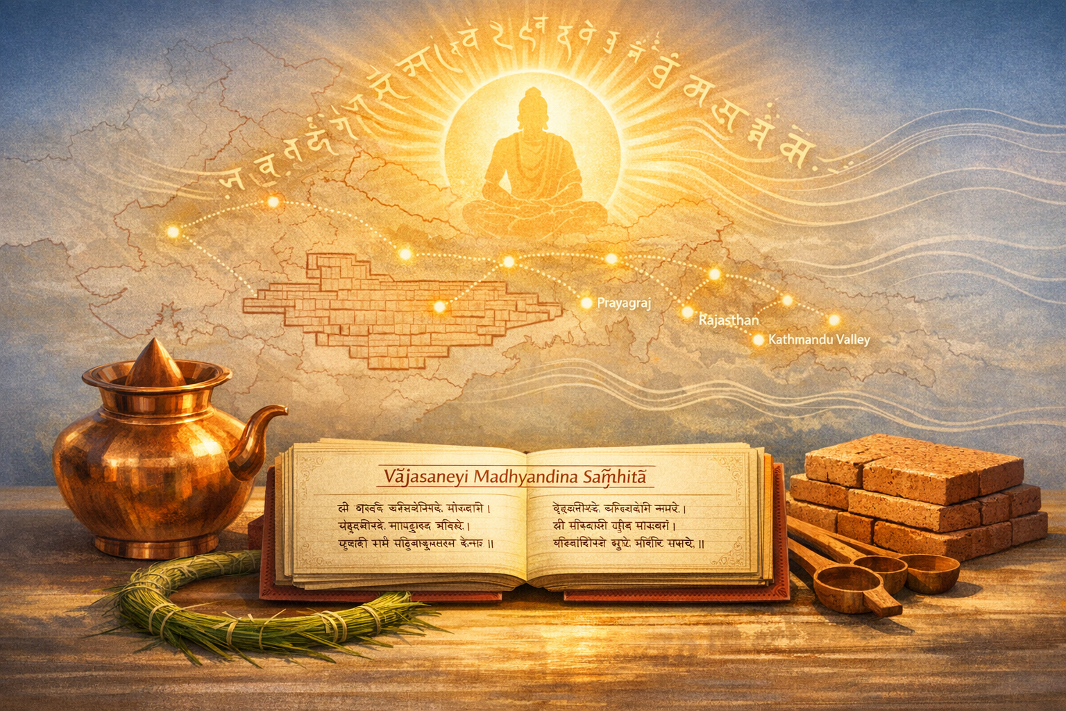 Illustrated India–Nepal map showing a meditating figure and a route linking Prayagraj, Rajasthan and Kathmandu Valley; below, an open Yajurveda text, copper kalash, darbha ring, bricks and ladles.