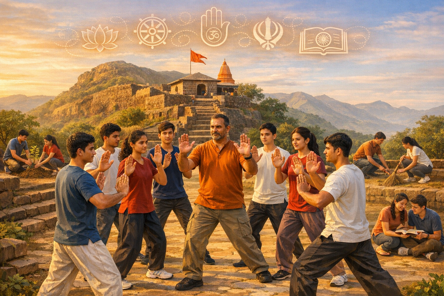A group of students practice self-defense with an instructor on historic stone steps below a hilltop temple at sunrise, while others plant trees and clean; symbols above suggest unity and service.