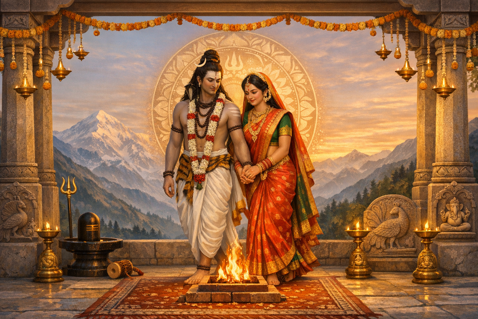 Devotional artwork of Lord Shiva and Goddess Parvati circling a sacred fire in a Himalayan temple, framed by diyas, marigold garlands, trident, and Shiva lingam, with snow peaks at sunset.