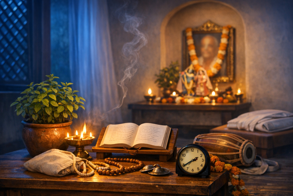 Home altar at dawn with tulsi plant, open scripture, japa mala, kartal cymbals, mridanga and a clock; incense curls toward Radha–Krishna idols and a garlanded portrait for morning puja and meditation.