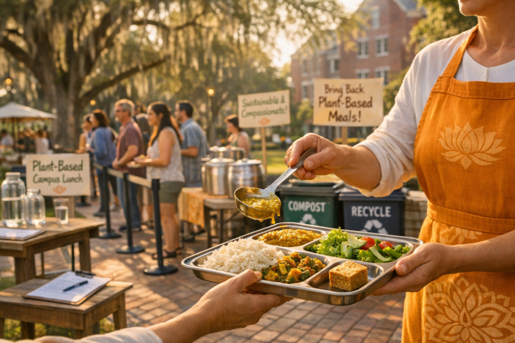 Person in an orange apron ladles plant-based curry onto a stainless tray with rice, salad, veggies, and dessert at an outdoor campus lunch, near signs for composting, recycling, and sustainable meals.