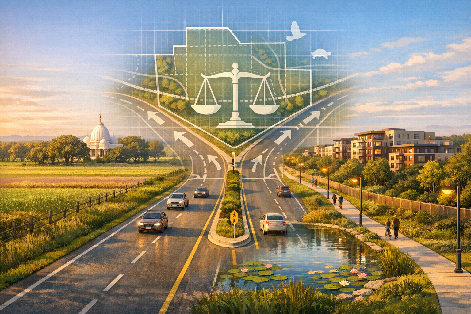 Sunlit boulevard between farmland and mid-rise housing, with a pond and walkway; a translucent planning map and justice scale signal urban planning priorities—zoning, land use, and wildlife.