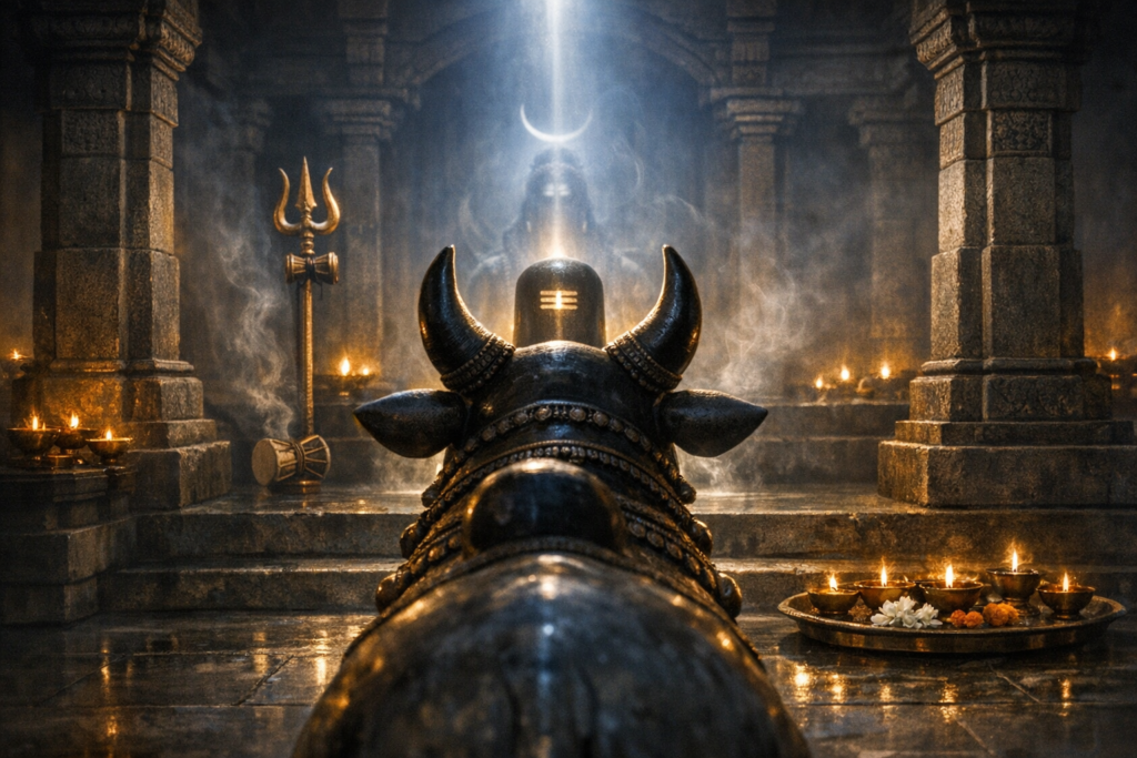 Stone Nandi faces a glowing Shiva lingam in a dim sanctum; trident and damaru nearby, brass diyas and flowers on a puja tray, incense smoke and carved pillars evoke Hindu temple worship.