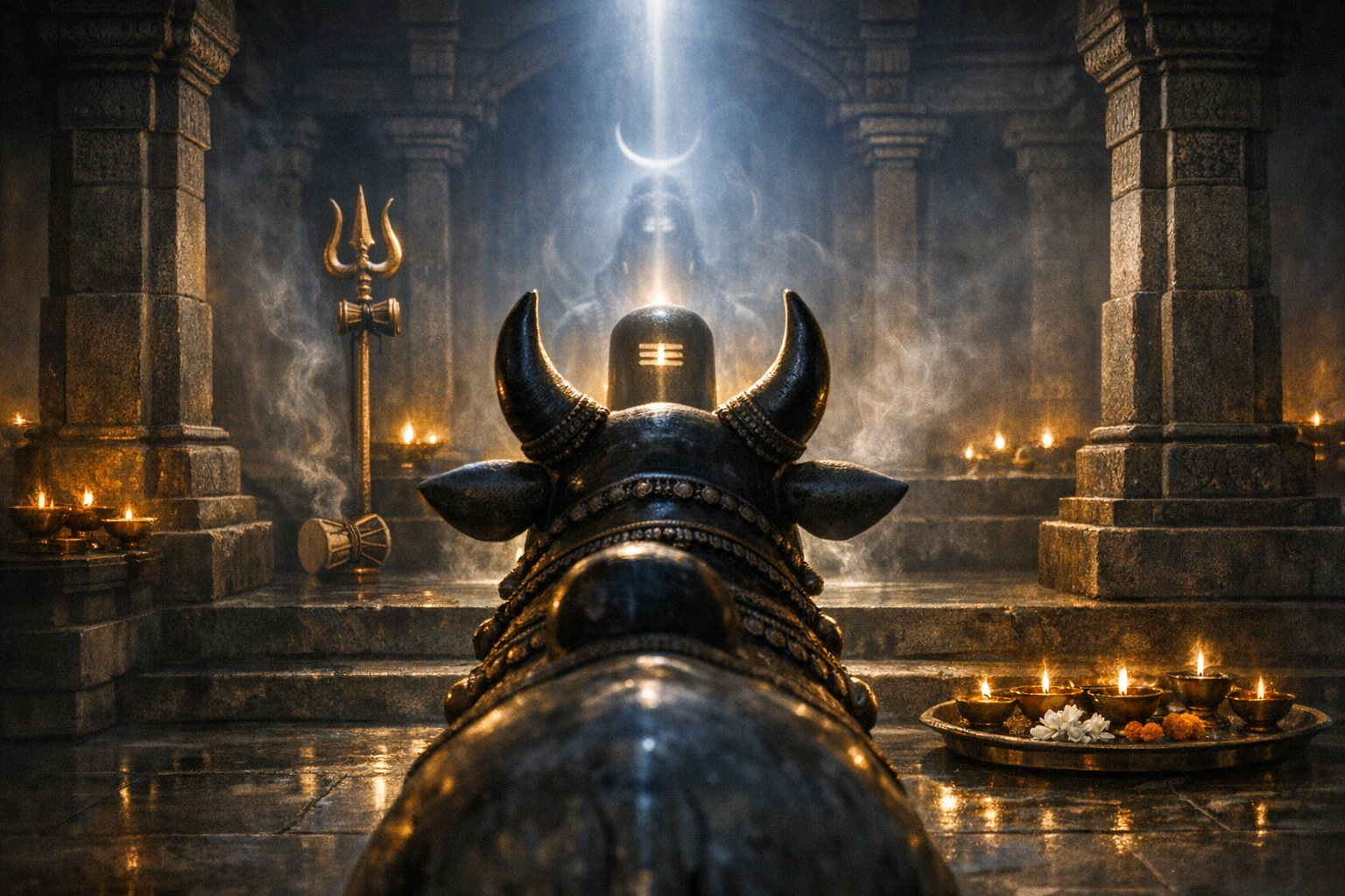 Stone Nandi faces a glowing Shiva lingam in a dim sanctum; trident and damaru nearby, brass diyas and flowers on a puja tray, incense smoke and carved pillars evoke Hindu temple worship.