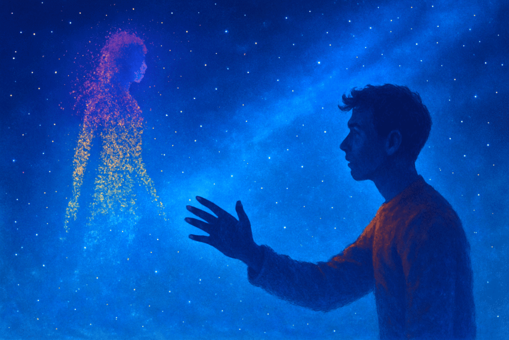 Illustration of a man under a starry blue sky reaching toward a fading silhouette of a woman made of glowing particles, for a blog on breakups, endings, acceptance, ex-girlfriend love, and memory.
