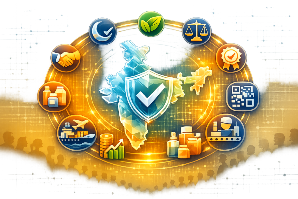 Map of India with a shield and checkmark, encircled by icons for medicines, QR traceability, legal scales, sustainability, exports, manufacturing, handshake, and growth—symbolizing pharma regulation.