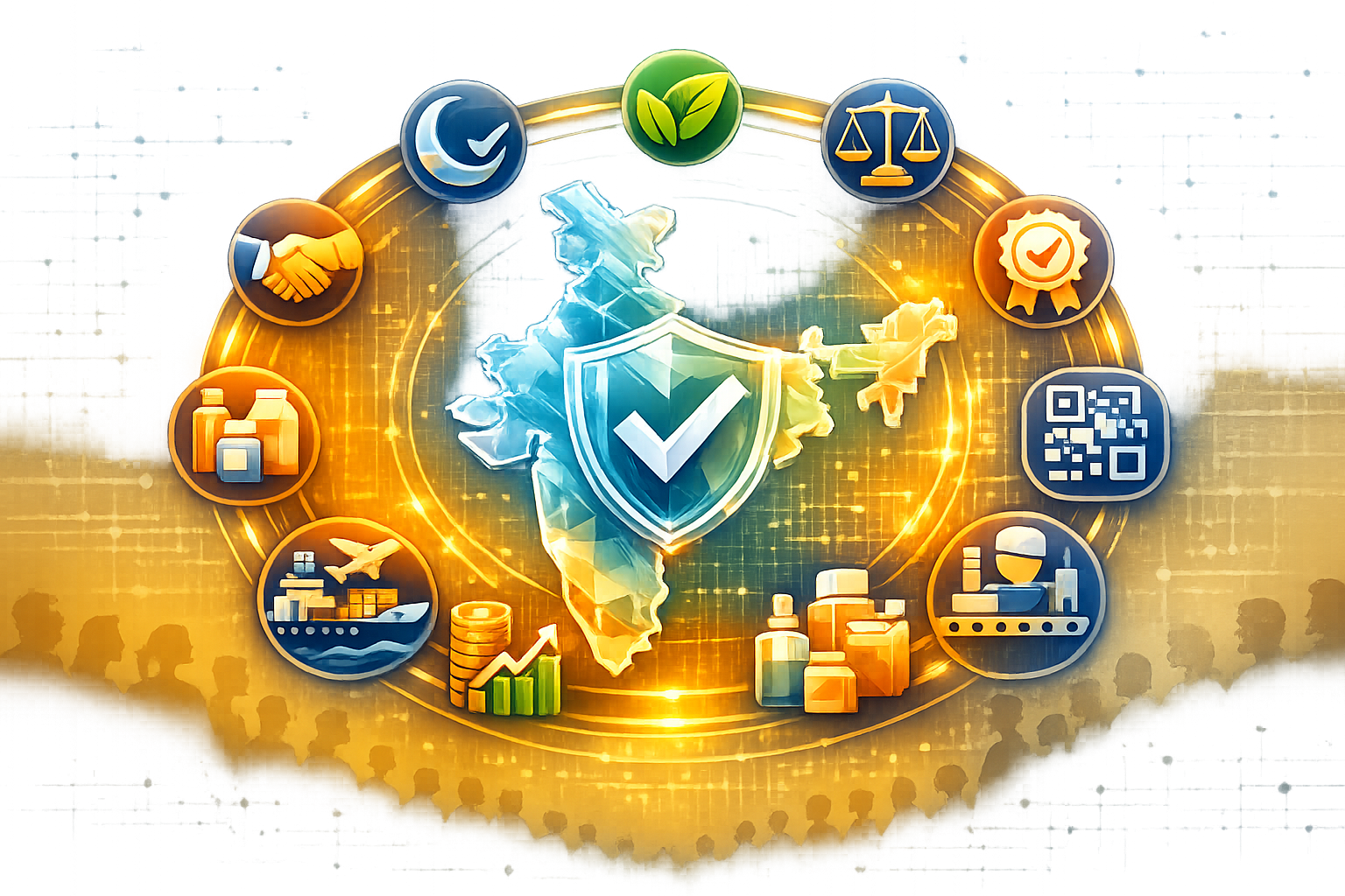 Map of India with a shield and checkmark, encircled by icons for medicines, QR traceability, legal scales, sustainability, exports, manufacturing, handshake, and growth—symbolizing pharma regulation.