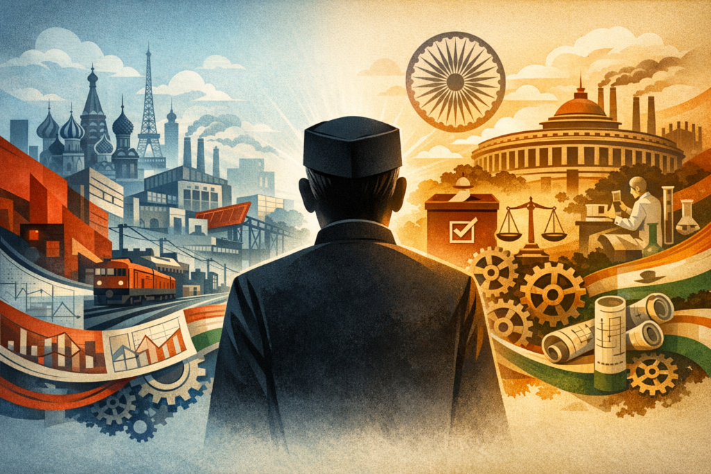 Illustration of a lone figure between two paths: factories and railways on the left; India's Parliament, ballot box, cogs on the right, symbolizing economy, policy, governance, and infrastructure.