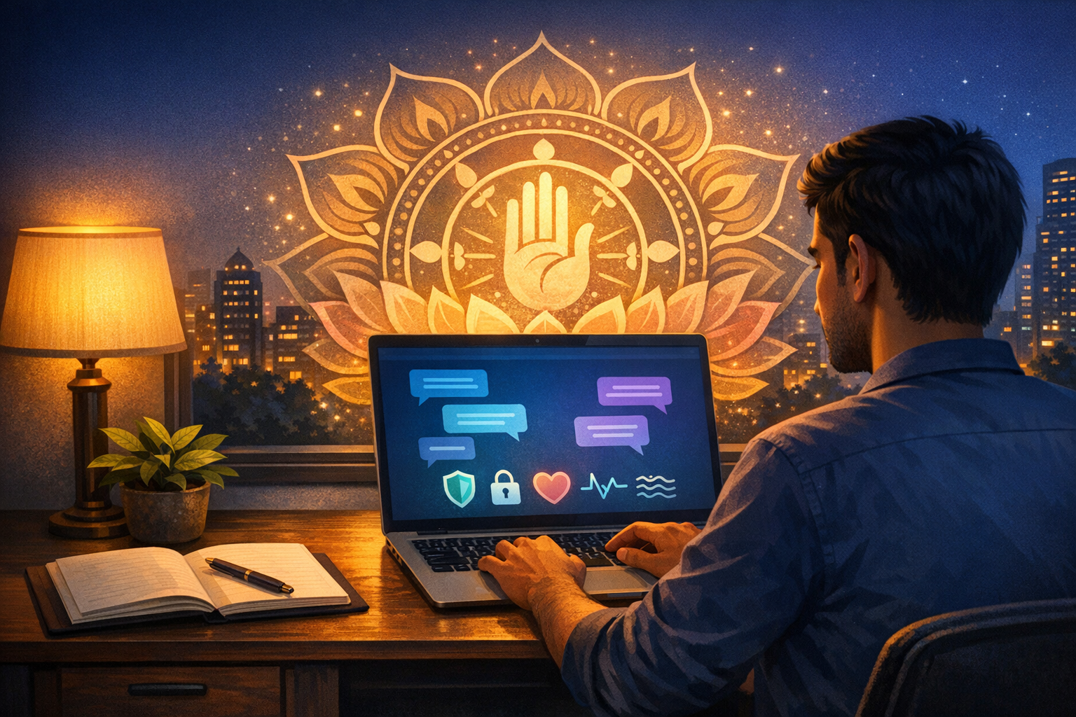 Person at a laptop in a warm, lamplit home office at night; screen shows chat bubbles plus shield, lock, heart, and wave icons. A glowing mandala mural behind evokes protection, privacy, and calm.