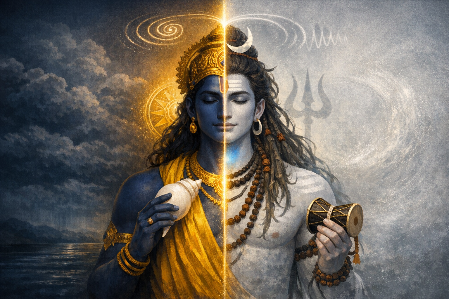 Split portrait of Harihara uniting Vishnu and Shiva: left half in blue holds a conch, right half in ash holds a damaru; a halo, crescent moon, trident, and swirling cosmos frame a serene Hindu deity.
