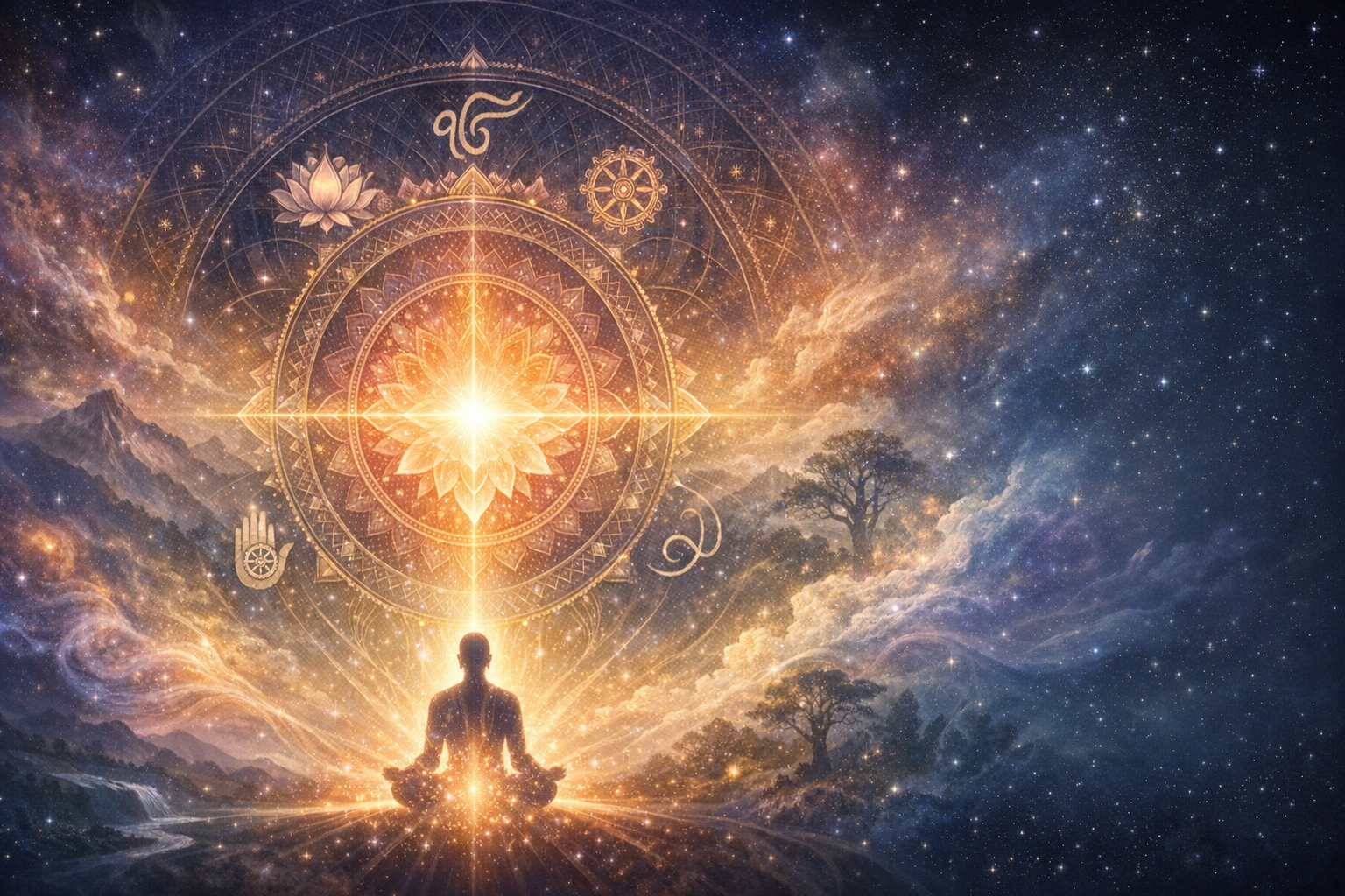 Silhouetted figure in lotus meditation before a radiant golden mandala under a starry sky; beams, lotus motifs, mountains, and trees evoke mindfulness, yoga, and sacred geometry.