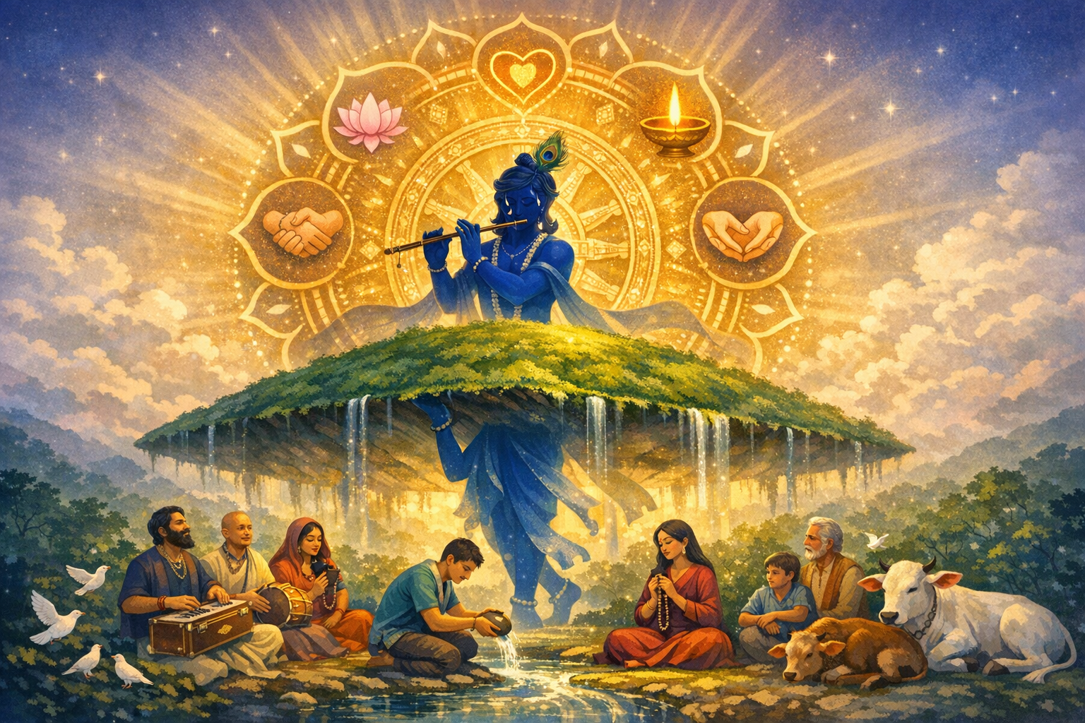 Illustrated scene of Krishna lifting Govardhan Hill as water cascades, playing flute before a radiant mandala with lotus, diya, and hands, as devotees chant in bhakti, and cows rest by stream.