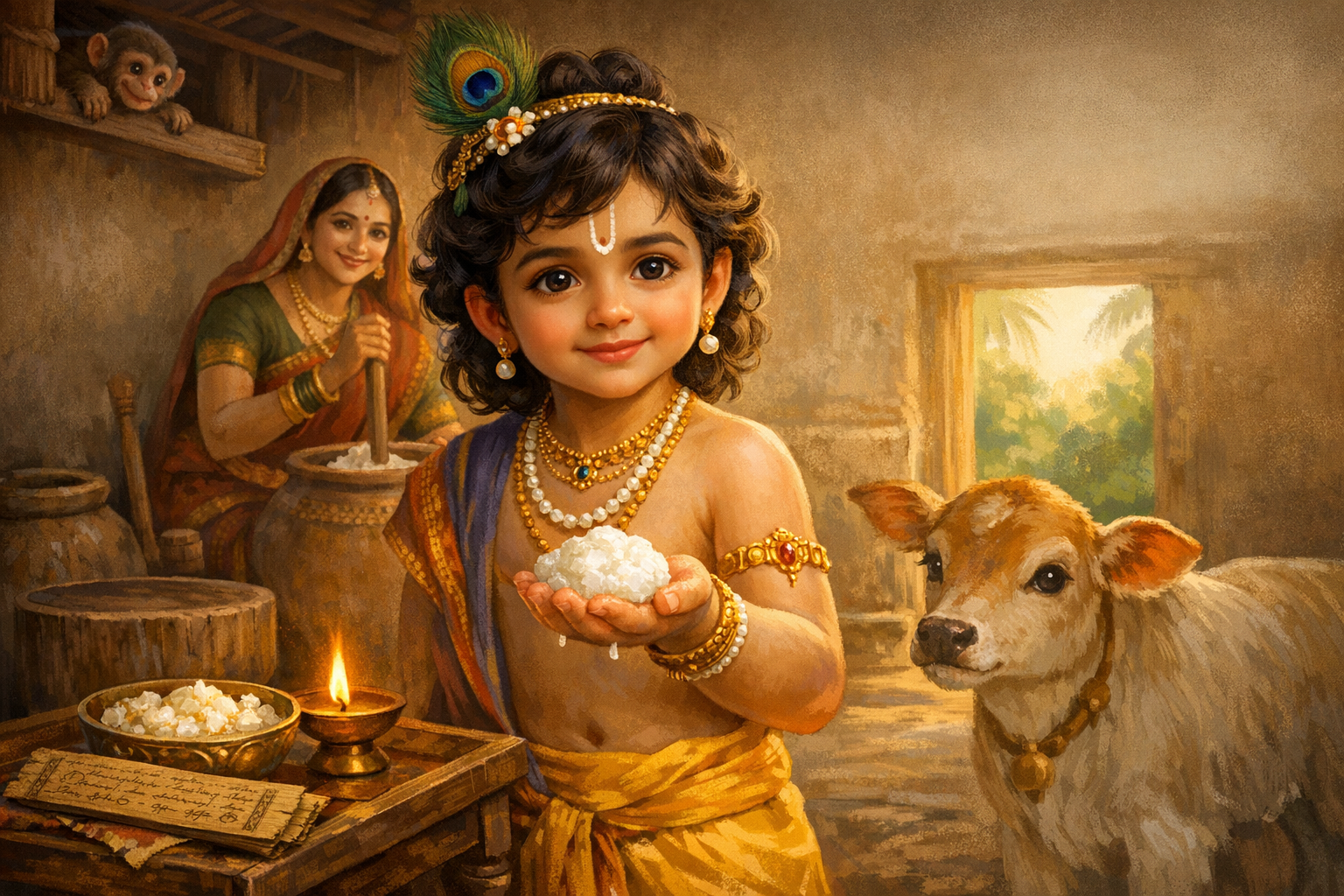 Painting of child Krishna holding butter in his palm, wearing pearls and a peacock feather in a mud-walled home; Yashoda churns curd nearby, a calf stands at his side, and a small oil lamp glows.