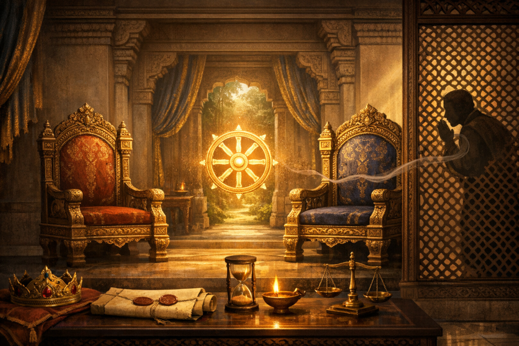 Opulent royal throne room with twin gilded thrones, an eight‑spoked wheel between them, and a table with crown, scrolls, hourglass, lamp, and scales of justice; a figure behind a lattice screen.