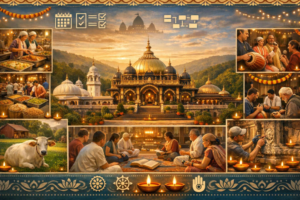 Collage of a lamp-lit Hindu temple at sunset with volunteers cooking a vegetarian feast, singing kirtan, studying texts, restoring carvings, and caring for a cow during a community festival.
