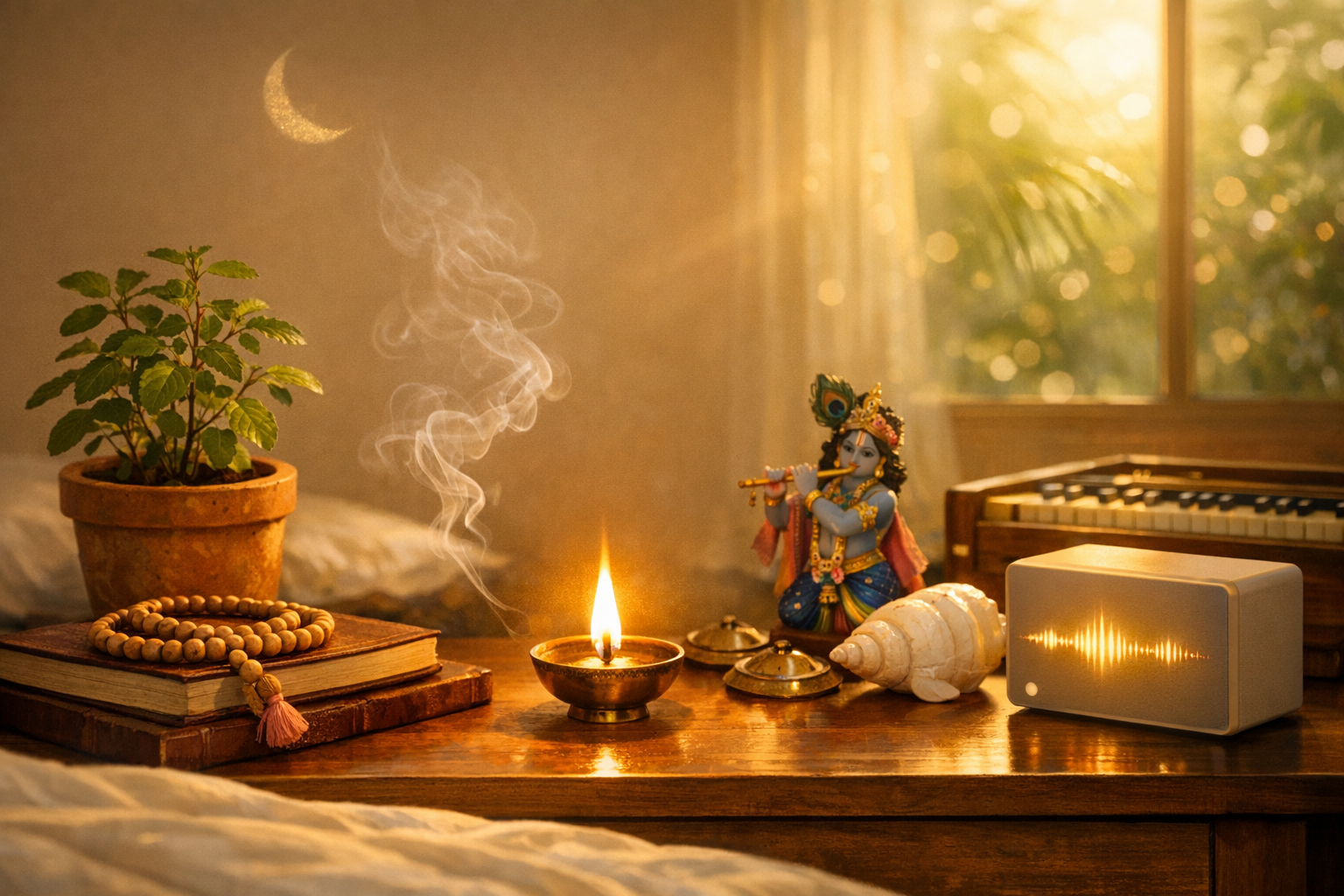 Sunlit home altar with tulsi plant, diya, incense smoke, a statue of Krishna playing flute, conch, harmonium, and a glowing smart speaker; prayer beads on books suggest meditation and spirituality.
