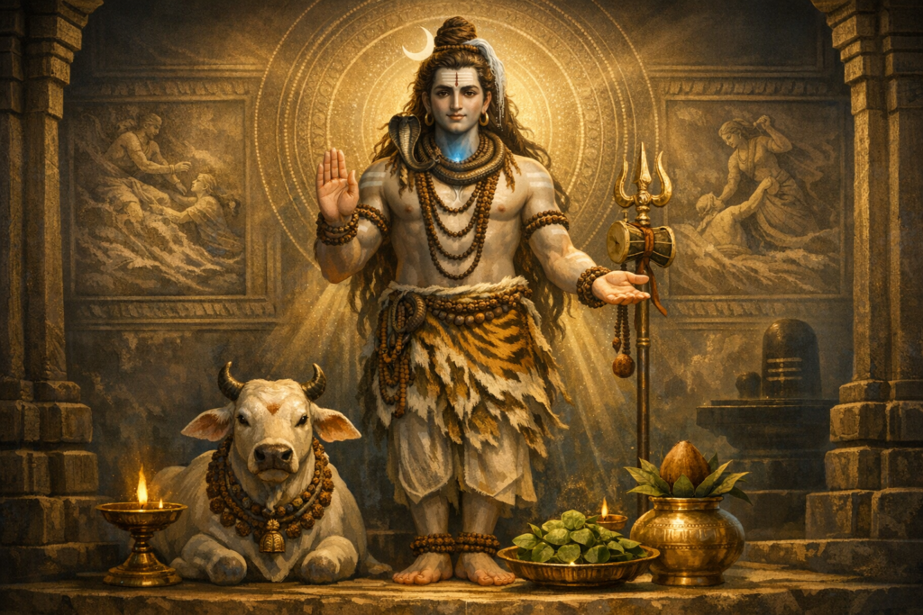Illustration of Lord Shiva in a stone temple, haloed and blessing, holding trident and damaru, wearing tiger-skin and rudraksha; Nandi rests nearby with oil lamps, bilva leaves, and a Shiva lingam.