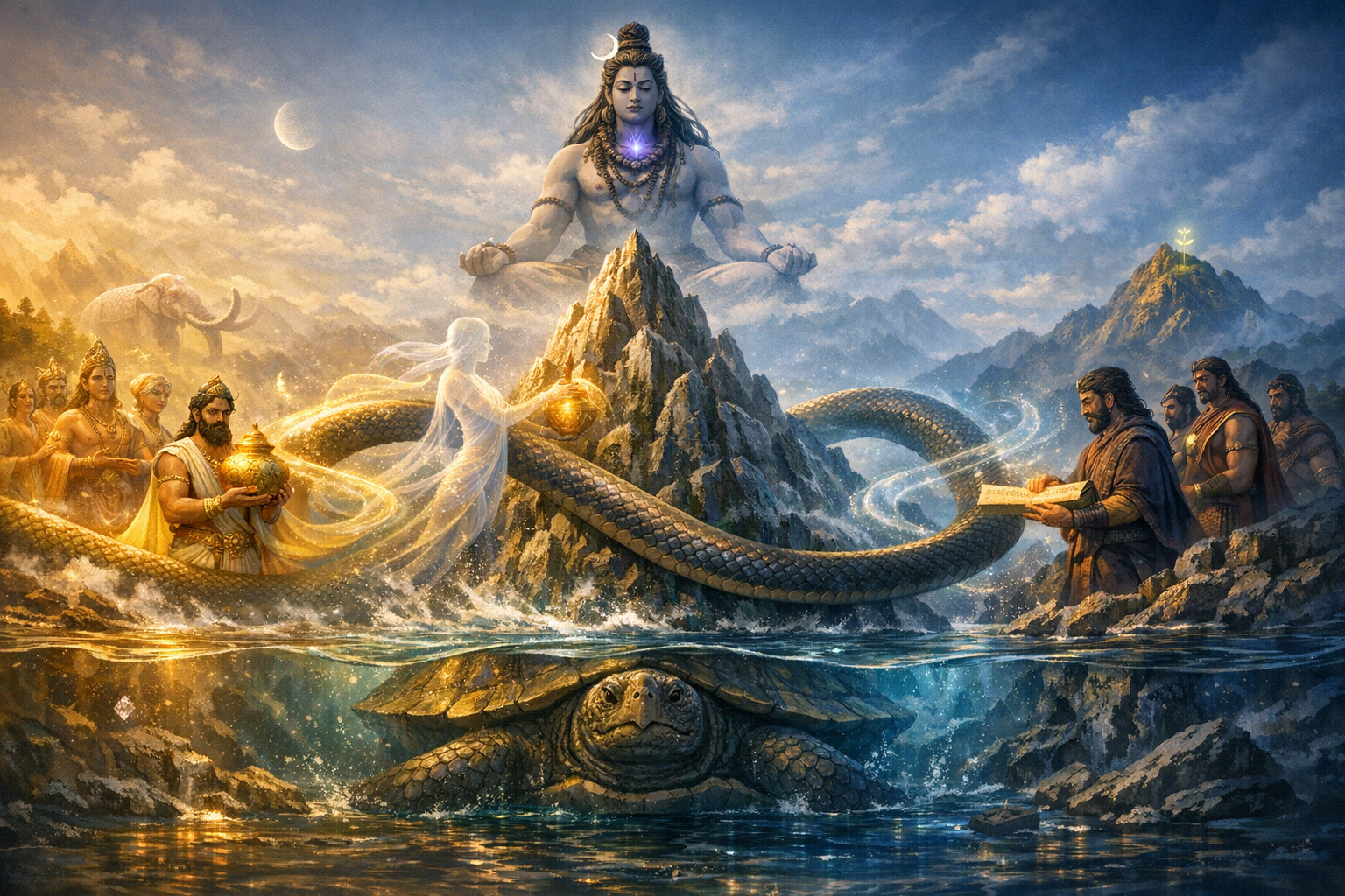 Illustration of the Samudra Manthan: gods and sages pull a giant serpent around Mount Mandara, Kurma the turtle steadies the peak, and Shiva meditates above as amrita vessels glow.