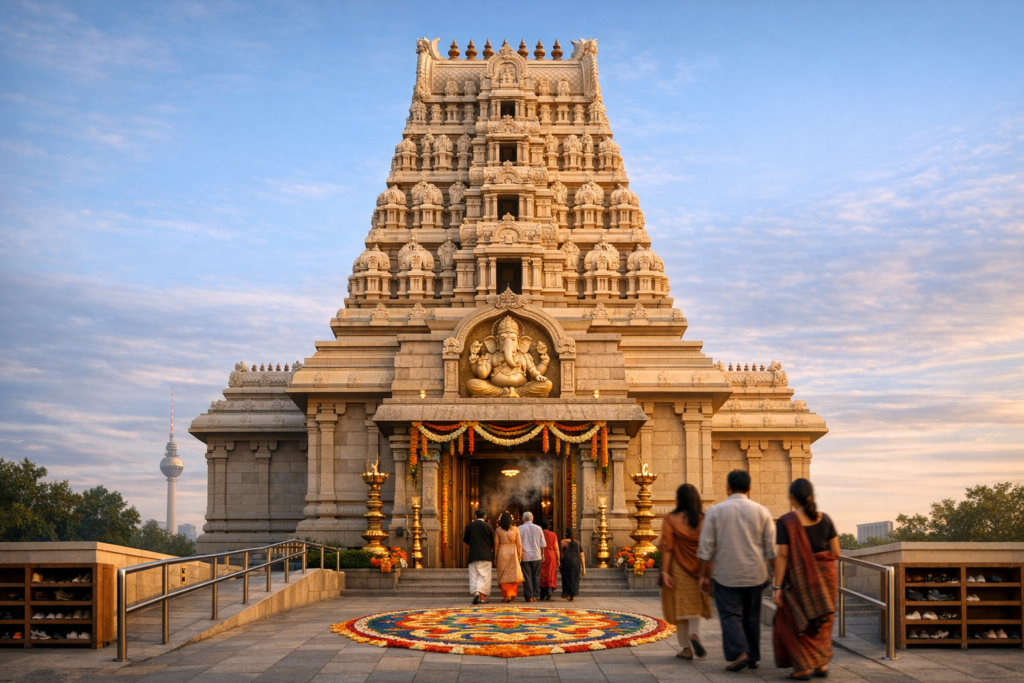 Visitors approach a granite Hindu temple with a carved gopuram; marigold garlands, brass lamps, and a circular rangoli mark the entrance, highlighting heritage architecture at dusk.