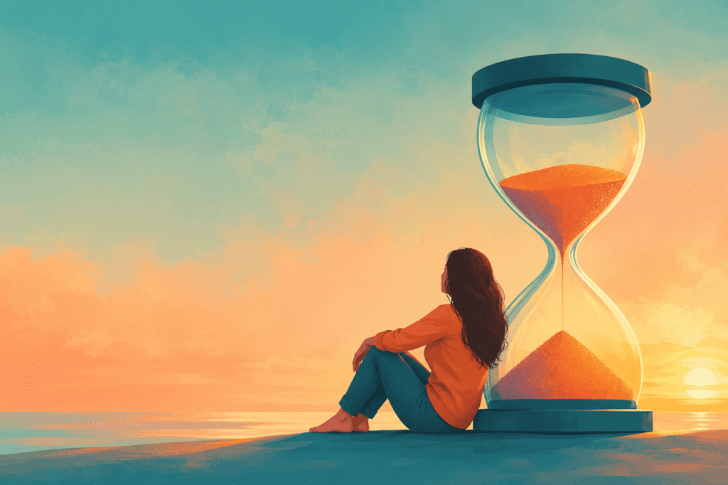 Illustration of a barefoot woman by a giant hourglass at sunset on a calm shore, watching sand fall - symbolizing time, Change, chances, Risks, grief, Regret, and a wake-up call.