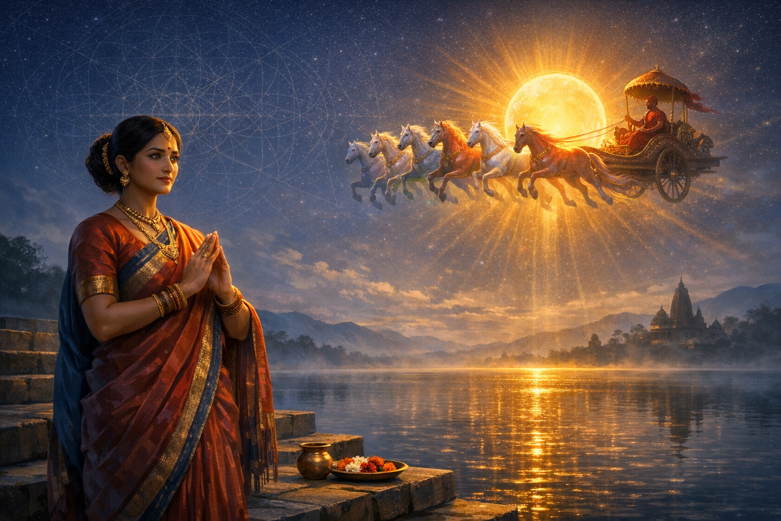 Devotee in a red-and-blue sari prays on river steps at dawn, offerings beside her, as Surya's radiant sun chariot with seven horses arcs across the starry sky above a temple and misty hills.