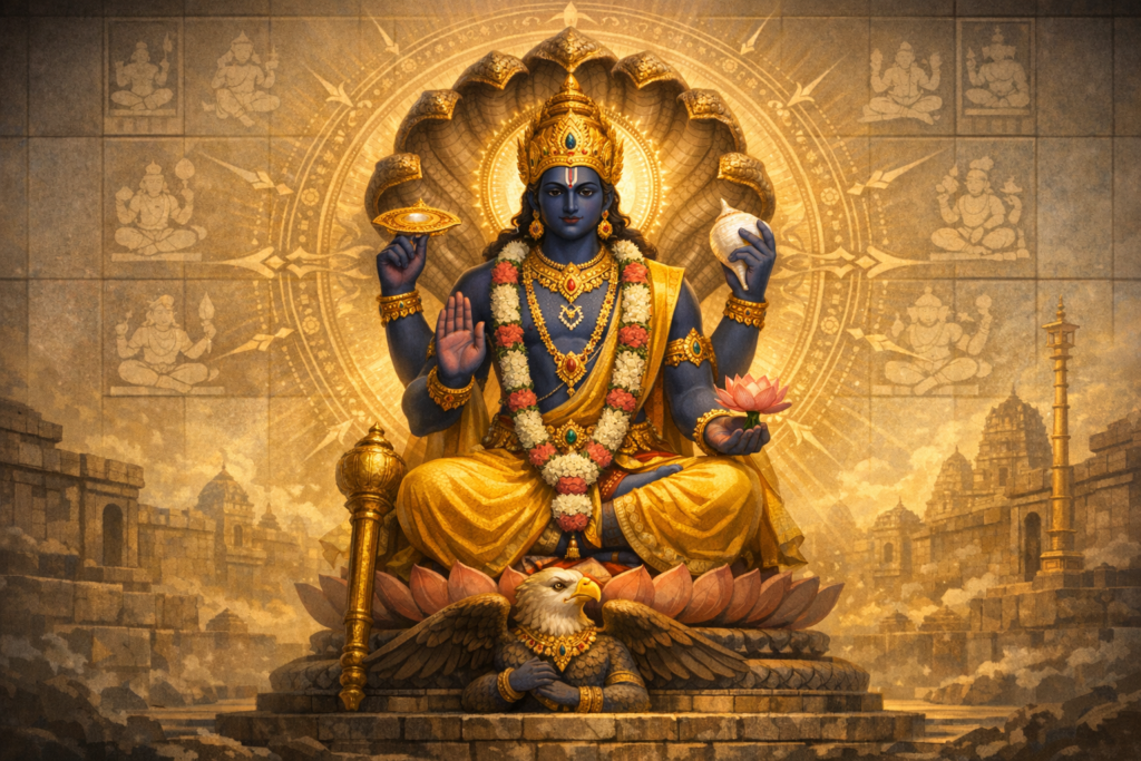 Artwork of Vishnu on a lotus throne, four-armed with chakra, shankha, and lotus; one hand blessing. A radiant halo and serpent canopy behind, Garuda below, within ancient temple architecture.