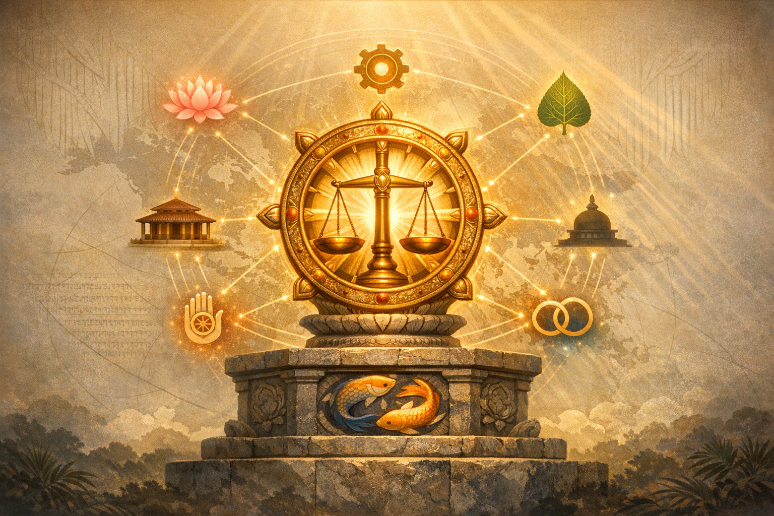 Golden scales of justice centered in an ornate wheel atop a stone pedestal, with glowing links to a lotus, gear, leaf, temple, hand, and rings; light frames the scene and {post.categories}.