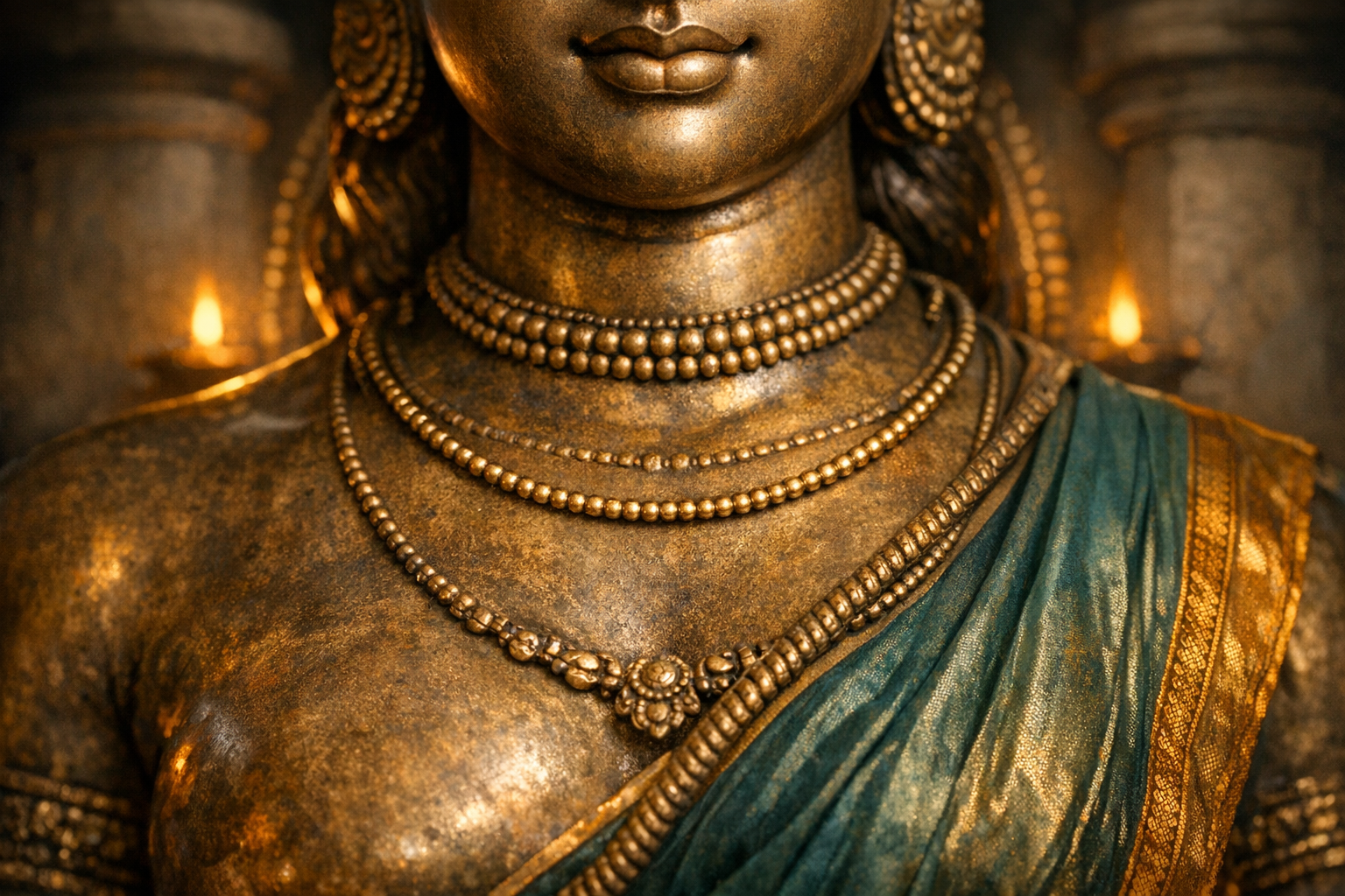 Close-up of a bronze temple statue of a female deity, showing layered beaded necklaces and a teal-and-gold sari, lit by warm oil lamps that reveal textured metal and ornate jewelry.