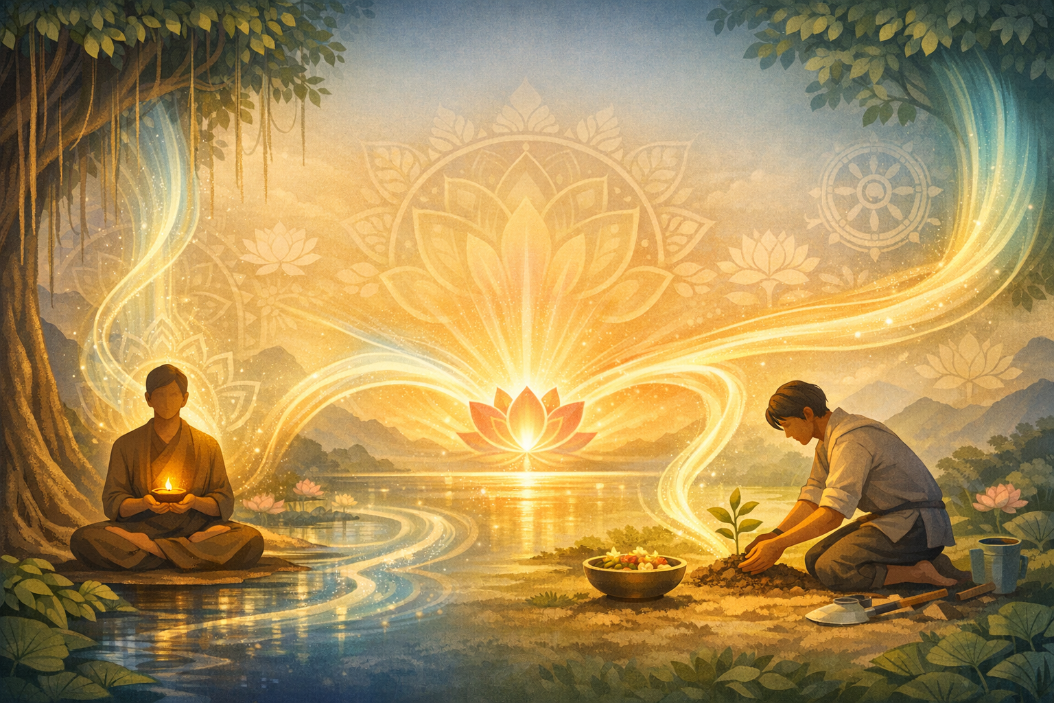Illustrated riverbank sunrise: a figure meditates with a lamp while another plants a sapling. A glowing lotus links them with flowing light; nature, mindfulness, meditation, spiritual growth.