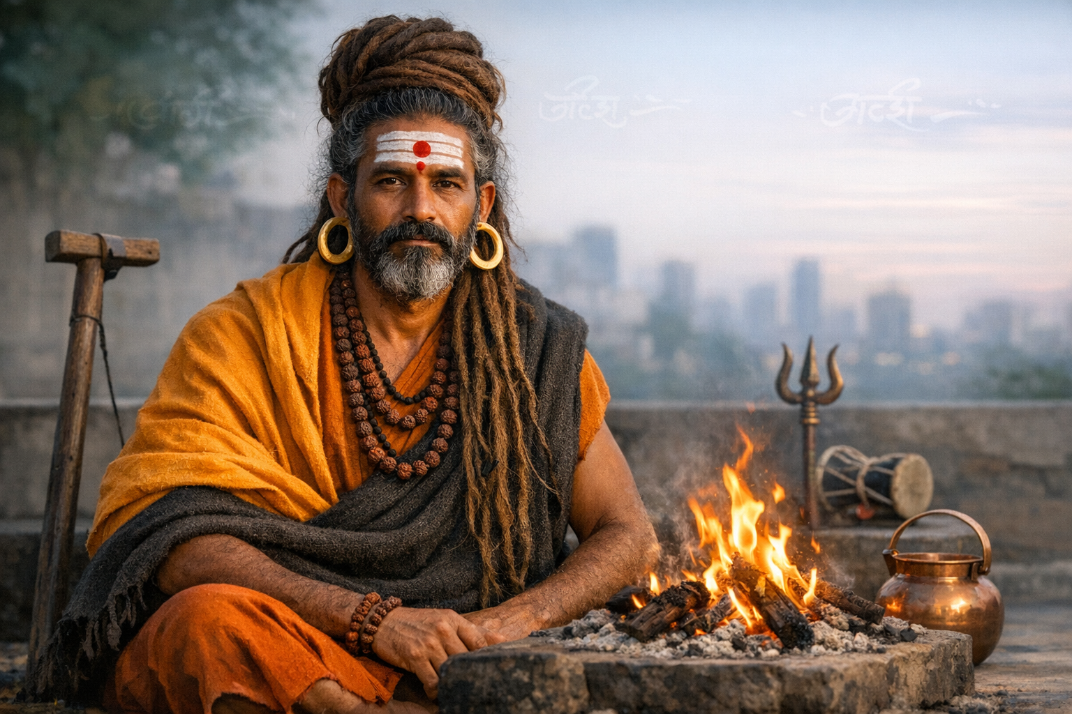 An ascetic in saffron robes, rudraksha beads, and long locks sits by a glowing ritual fire at dusk; ash-marked forehead, with trident, small drum, and copper pot set beside a hazy city skyline.