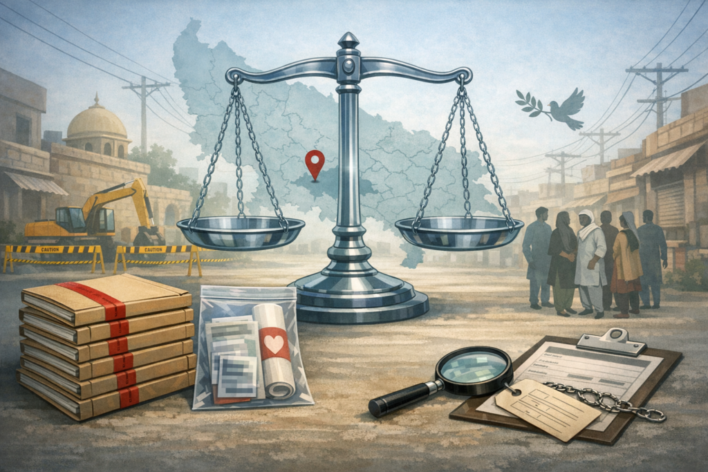 Justice scales over a regional map on a small-town street, with case files, evidence bag, magnifying glass and clipboard; an excavator and residents signal investigation, human rights and reform.