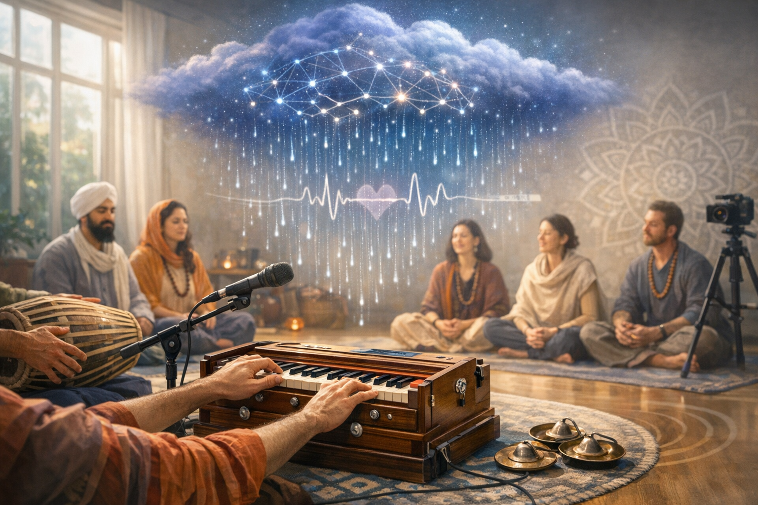 People sit cross-legged in a calm studio while a musician plays a harmonium near a drum and cymbals. Above them, a cloud of glowing nodes and a heart-wave overlay merge meditation with technology.