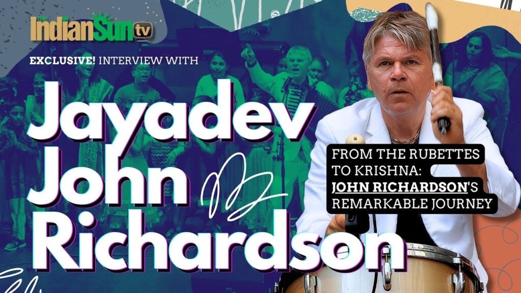 Interview promo graphic: a drummer in a white jacket plays a drum beside title text and a stage backdrop, with IndianSun TV branding; testing theme on a journey from The Rubettes to Krishna.