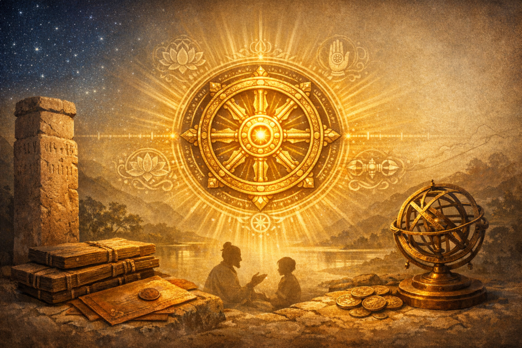 Golden Dharmachakra radiates above a riverside scene with an adult teaching a child, ancient manuscripts, an inscribed stone pillar, and a brass armillary sphere, suggesting Indian history and wisdom.
