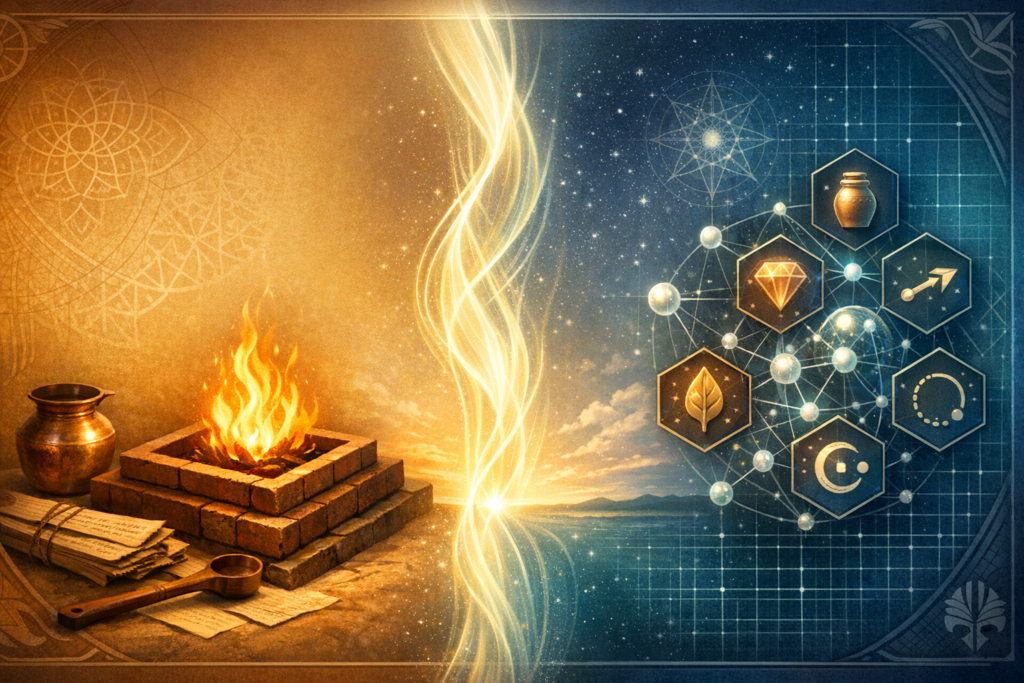 Split scene: an ancient brick fire altar with copper vessel and scrolls merges via a glowing helix into a starry grid of nodes and hex icons—bridging history, spirituality, science, and technology.