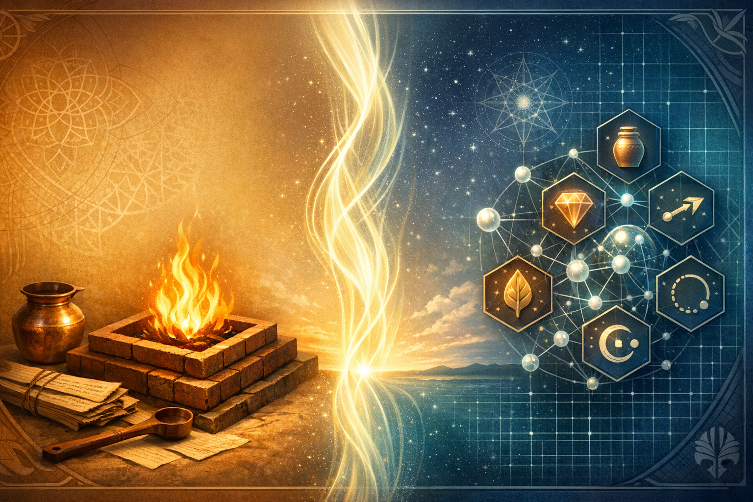 Split scene: an ancient brick fire altar with copper vessel and scrolls merges via a glowing helix into a starry grid of nodes and hex icons—bridging history, spirituality, science, and technology.