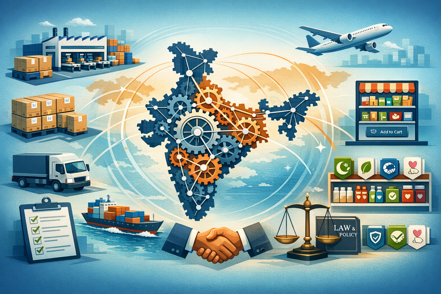 Map of India built from gears and network links, with warehouse, truck, ship, airplane, e‑commerce shelves, compliance badges, scales, and handshake—showing logistics and policy {post.categories}.