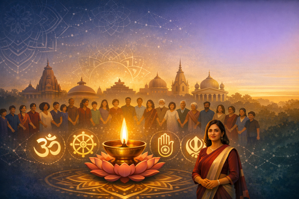 Illustration of a glowing diya on a lotus before a diverse crowd and Indian temple skyline, with icons of Hinduism, Buddhism, Jainism, and Sikhism, symbolizing interfaith unity, culture, and heritage.