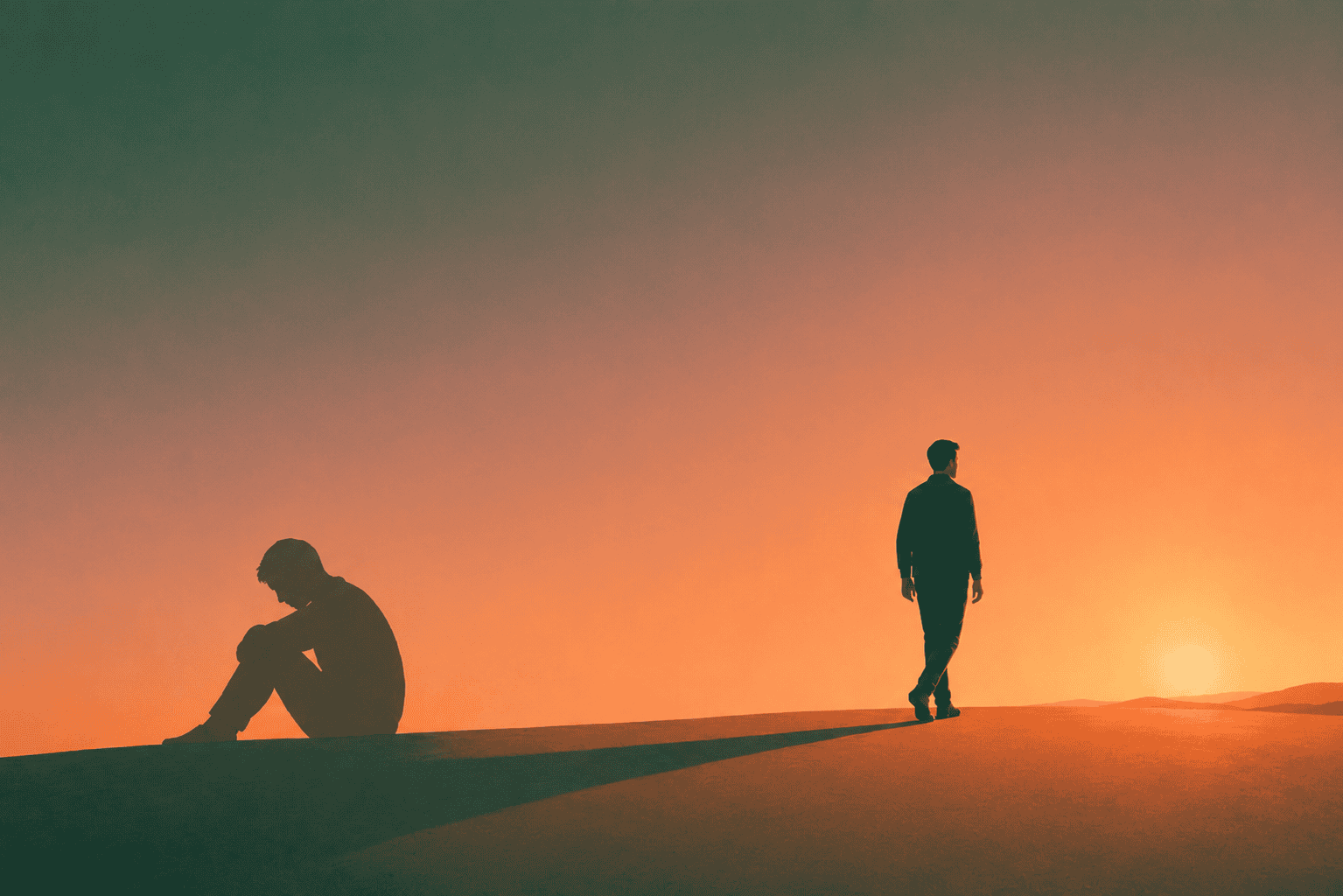 Two silhouettes on a ridge at sunset: one sits curled on the left, another walks to the right toward the sun, against an orange sky—symbolizing change from victim mindset to life steward.