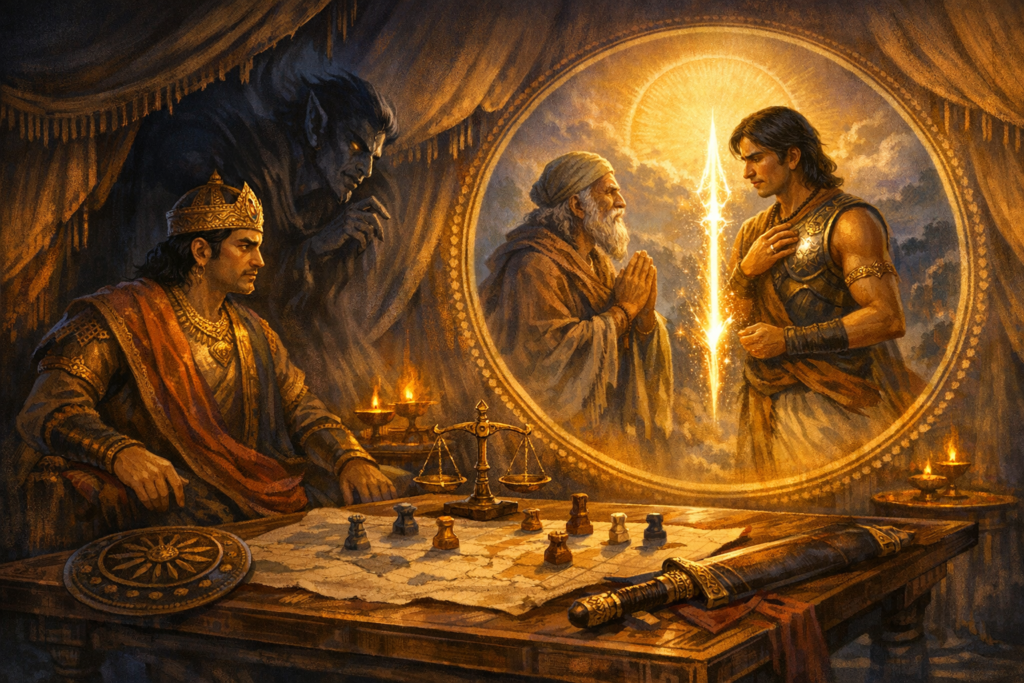 Fantasy illustration of a crowned king at a strategy table with map, scales, and pieces, as a warrior and elder face a radiant spear of light; a shadowy advisor watches from behind him.