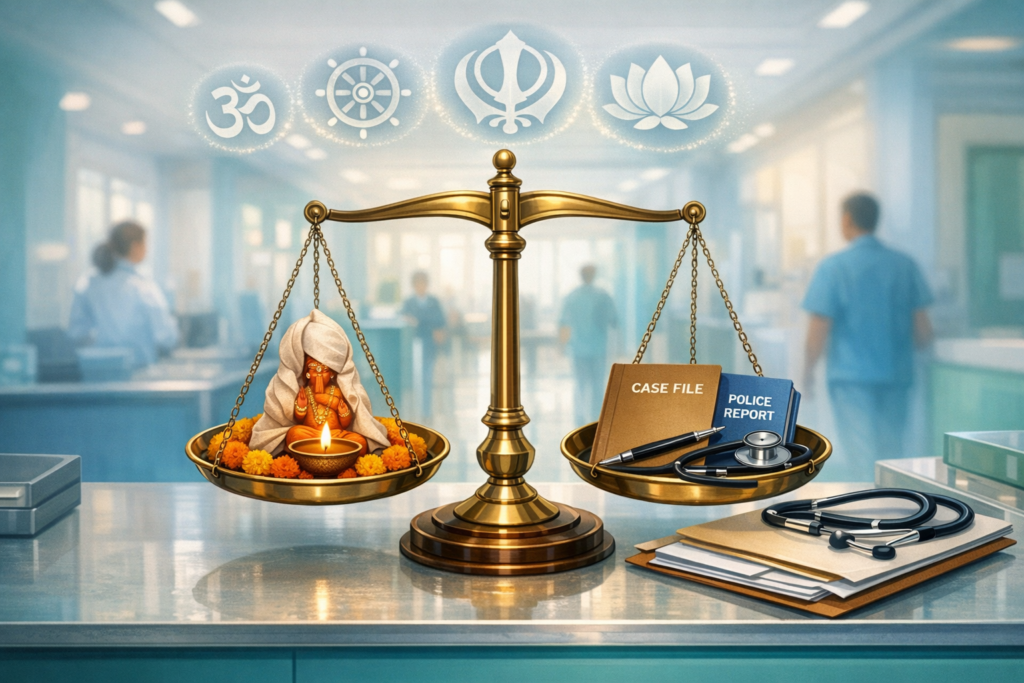 Brass scales in a hospital weigh a draped deity with a lit diya against a case file, police report, and stethoscope; Om, wheel, Khanda, and lotus icons signal healthcare law and religious freedom.