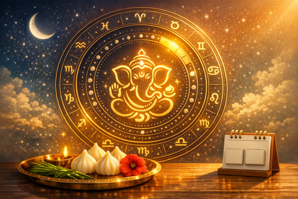 Golden zodiac wheel with Lord Ganesha at center under a starry sky and crescent moon. A lit diya, modak sweets, flower, and desk calendar sit on a wooden table, evoking Ganesh Chaturthi muhurat.