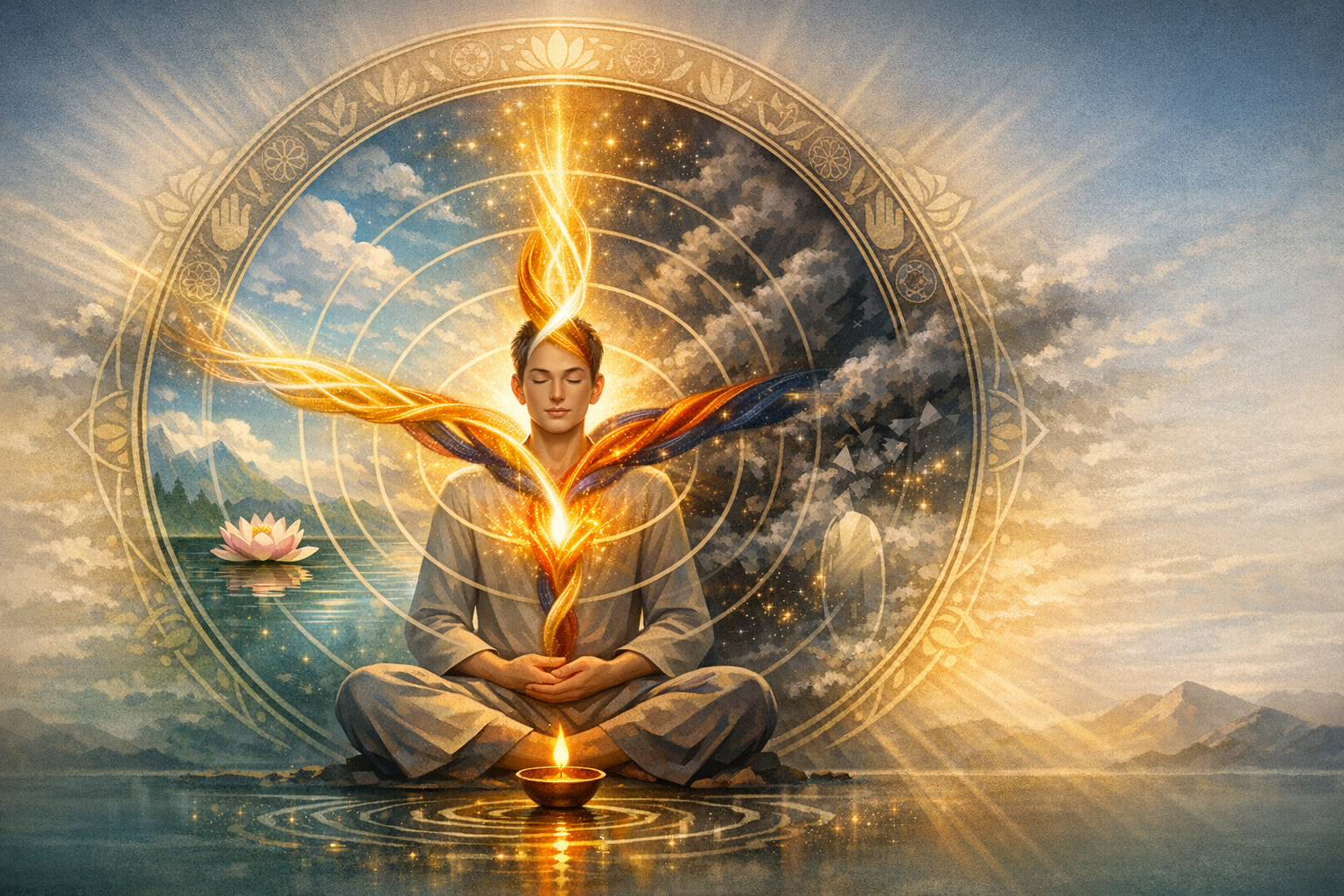Person meditating by a tranquil lake as a golden braided light rises from a small oil lamp, framed by a glowing sacred-geometry mandala, lotus, mountains, and sunrise—mindfulness and spiritual growth.